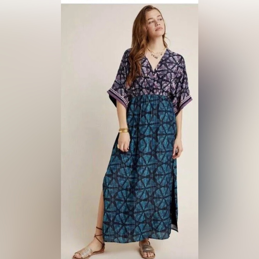 Anthropologie Blue and Purple Printed Maxi Dress
